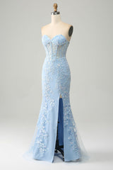 Light Blue Mermaid Sweetheart Long Corset Appliqued Prom Dress With Slit