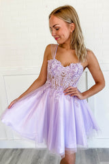 Purple Corset A-Line Tulle Short Flower Homecoming Dress with Lace