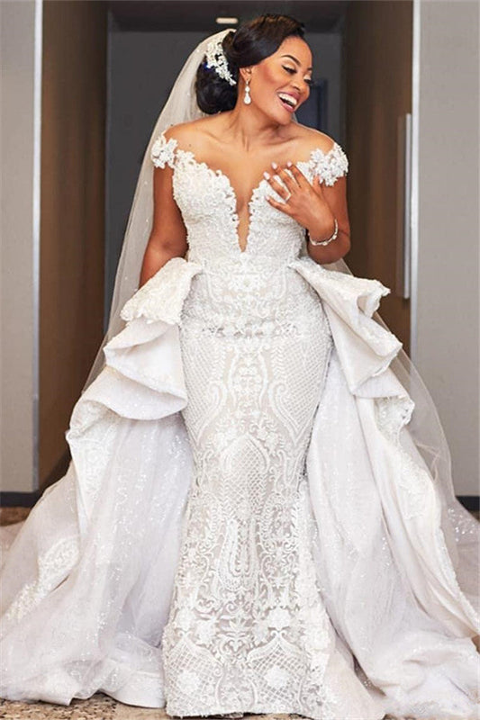 Mermaid Wedding Dress Long Appliques Bridal Dress With Panel Train