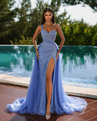 Luxurious One Shoulder Blue Mermaid Evening Dress with Split, Beadings, and Overskirt