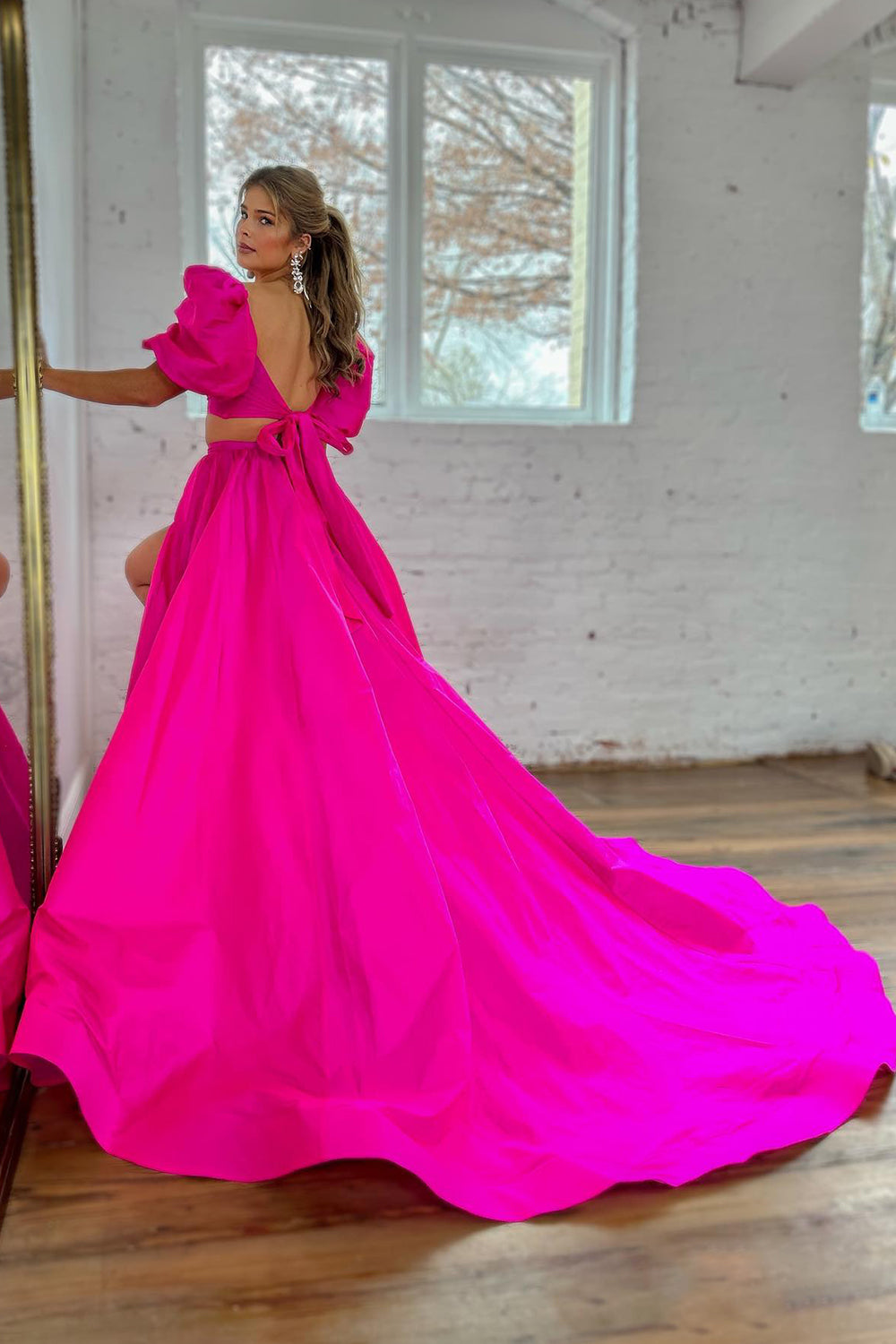 Hot Pink A-Line Short Sleeves Long Prom Dress with Slit