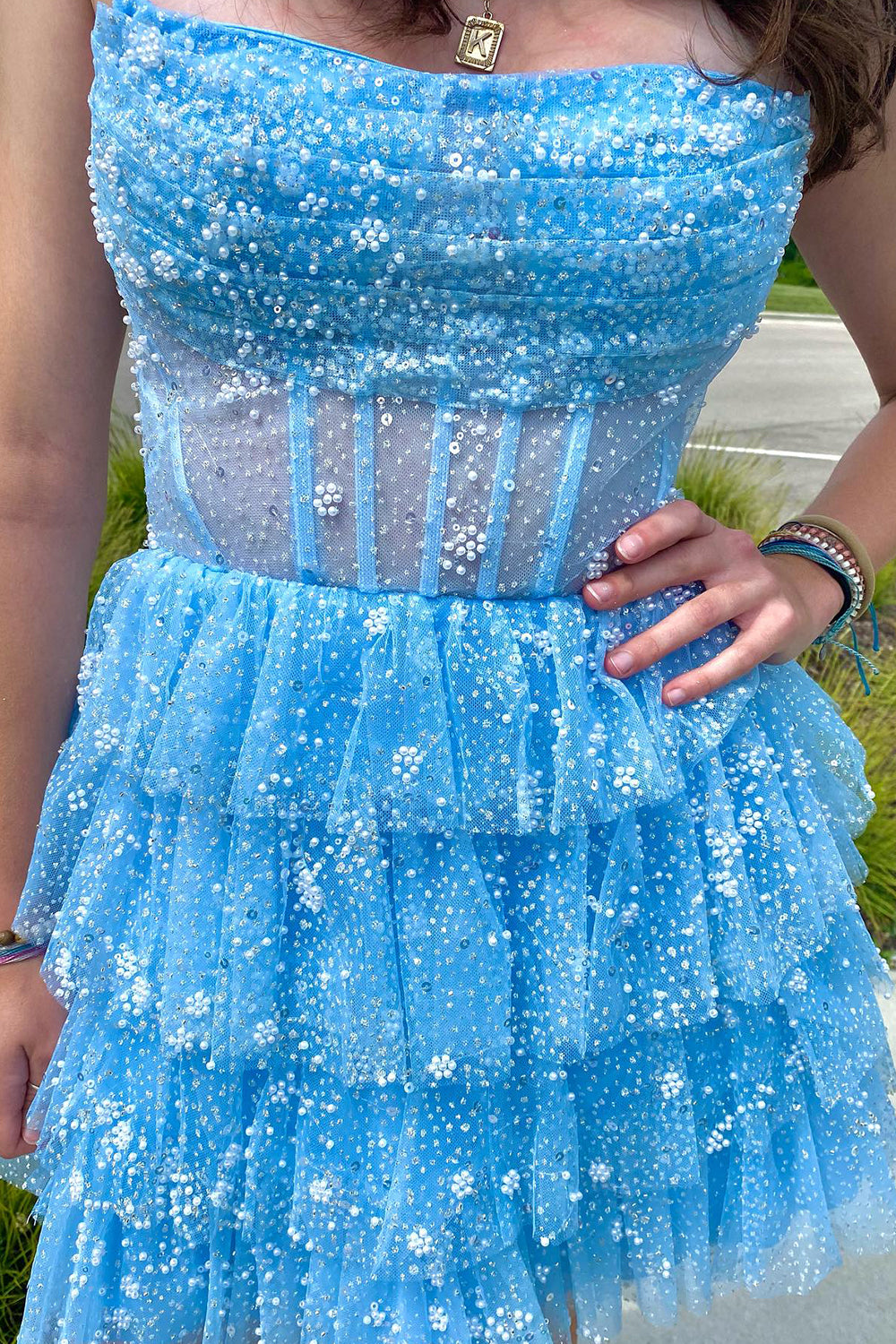 Light Blue Corset Strapless A-Line Tiered Short Homecoming Dress