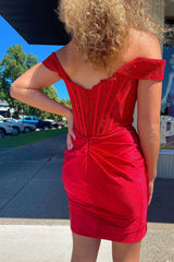 Red Off the Shoulder Tight Short Homecoming Dress with Lace