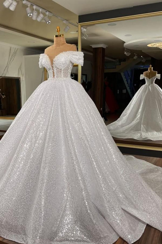 Gorgeous Off-the-Shoulder Long Ball Gown Wedding Dress with Sequins