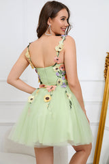 A Line Spaghetti Straps Green Short Homecoming Dress with Appliques