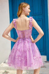 Purple A Line Corset Homecoming Dress with 3D Butterflies