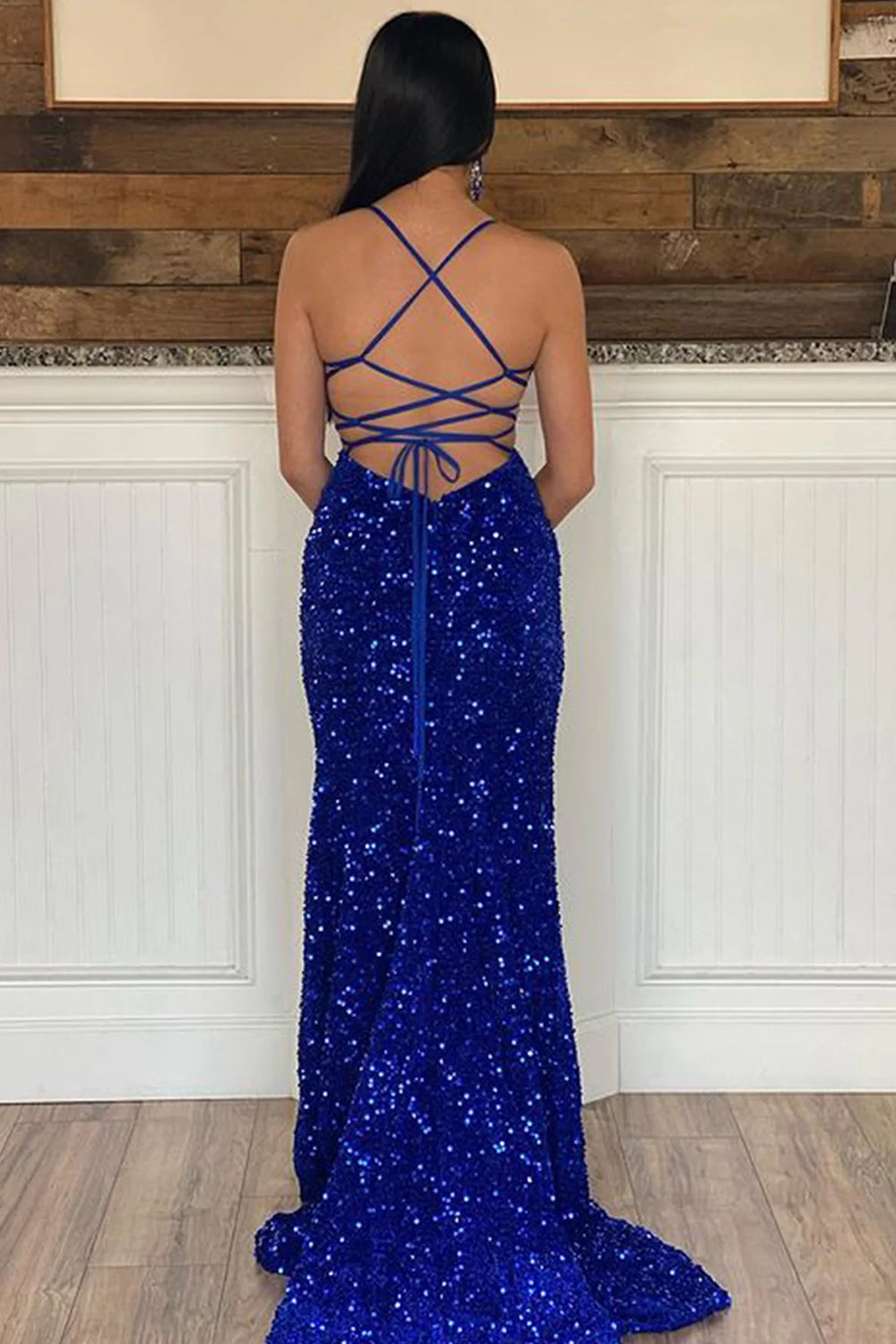 Sparkly Royal Blue Sequins Mermaid Long Prom Dress with Slit