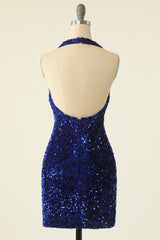 Royal Blue Sequined Halter Neck Cocktail Dress