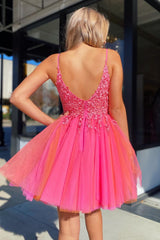 Fuchsia Orange Homecoming Dress Tulle Spaghetti Straps Party Dress with Appliques