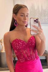 Sparkly Hot Pink Corset Long Sheath Prom Dress with Slit