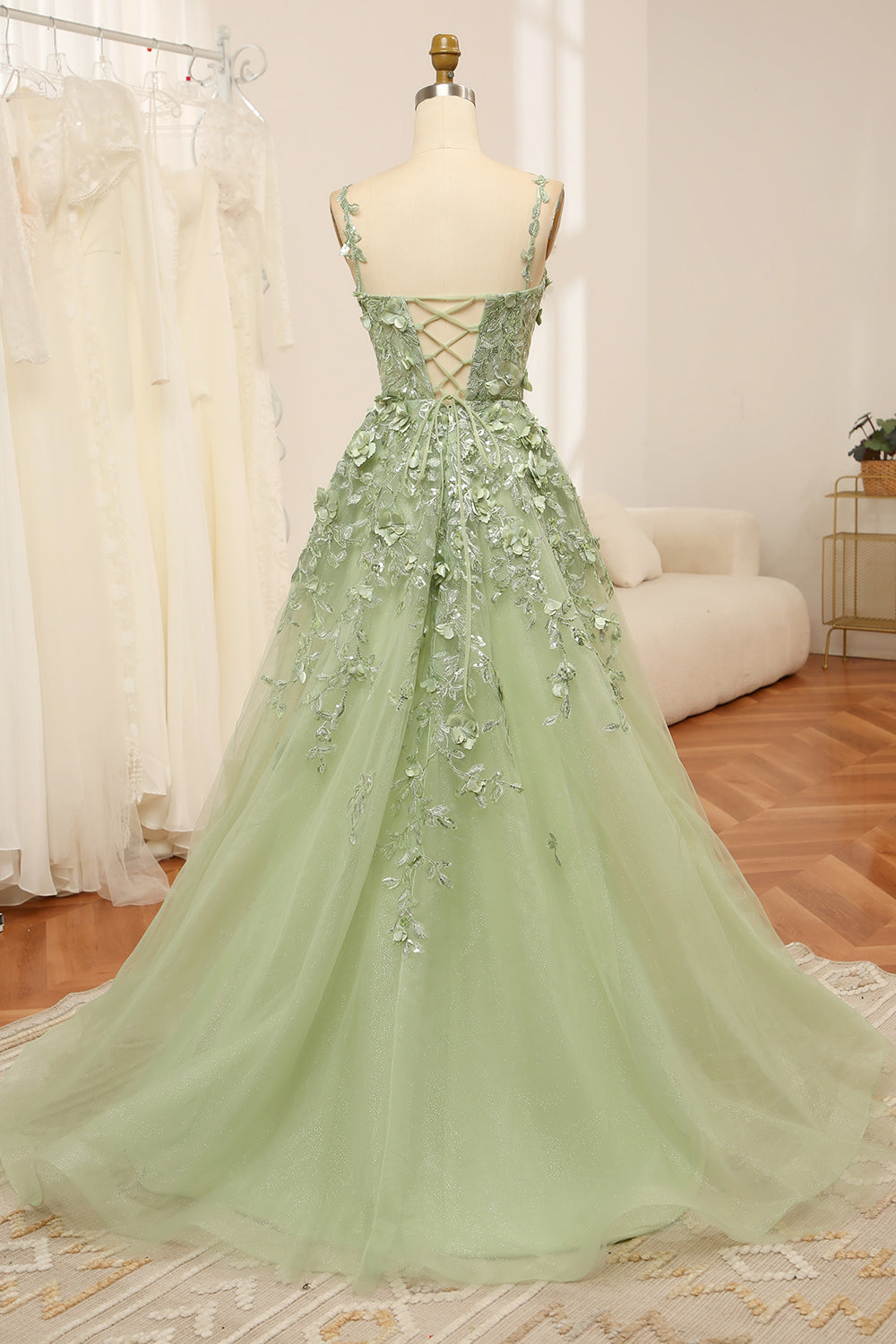 Green Tulle A Line Spaghetti Straps Long Prom Dress With Appliques