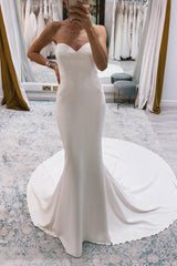 Simple White Boho Long Mermaid Wedding Dress with Sweep Train