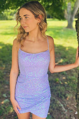 Sparkly Lavender Sequin Lace-Up Back Tight Short Homecoming Dress