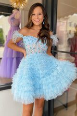 Sparkly Purple Corset A-Line Short Homecoming Dress with Feathers