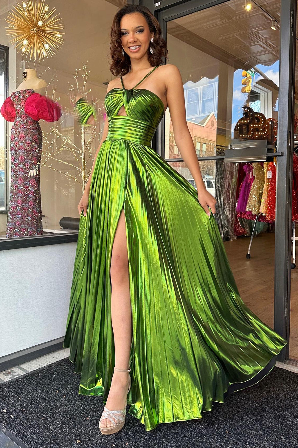 Glitter Green A Line Backless Long Prom Dress With Slit