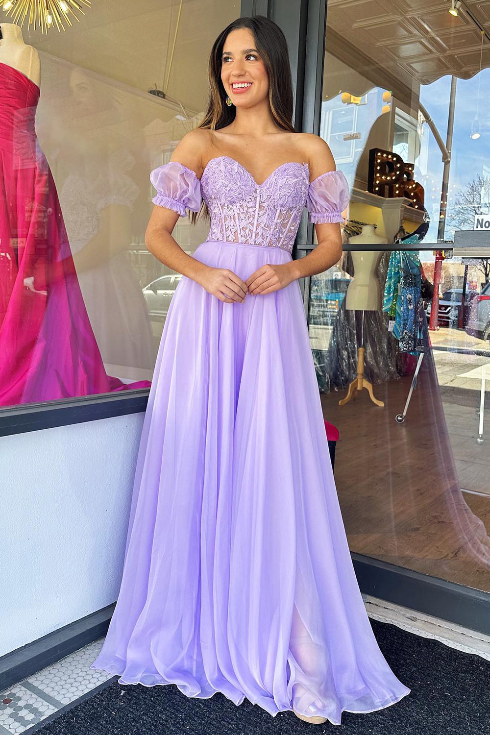 Lilac Corset A-Line Sweetheart Long Chiffon Prom Dress with Slit