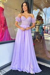 Lilac Corset A-Line Sweetheart Long Chiffon Prom Dress with Slit