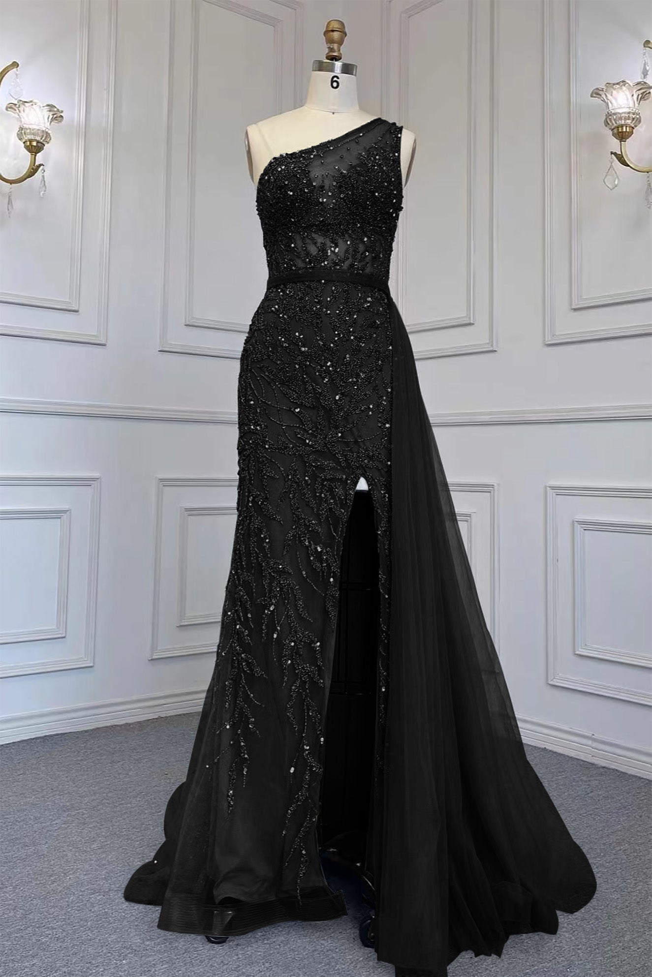 Elegant One Shoulder Tulle Evening Dress with Beadings, Slit, and Rhinestone