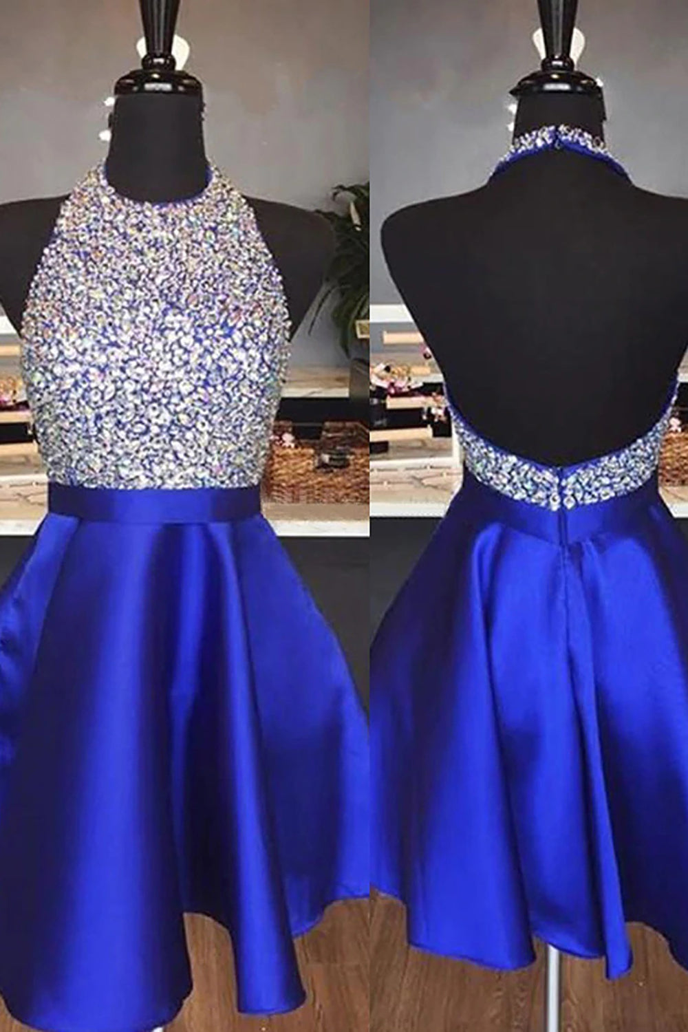 Royal Blue Beaded Backless Short Homecoming Dress