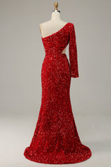 Sheath One Shoulder Red Sequins Long Prom Dress with Silt