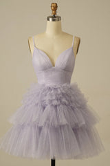 Glitter Blue A-Line Tulle Tiered Short Homecoming Dress