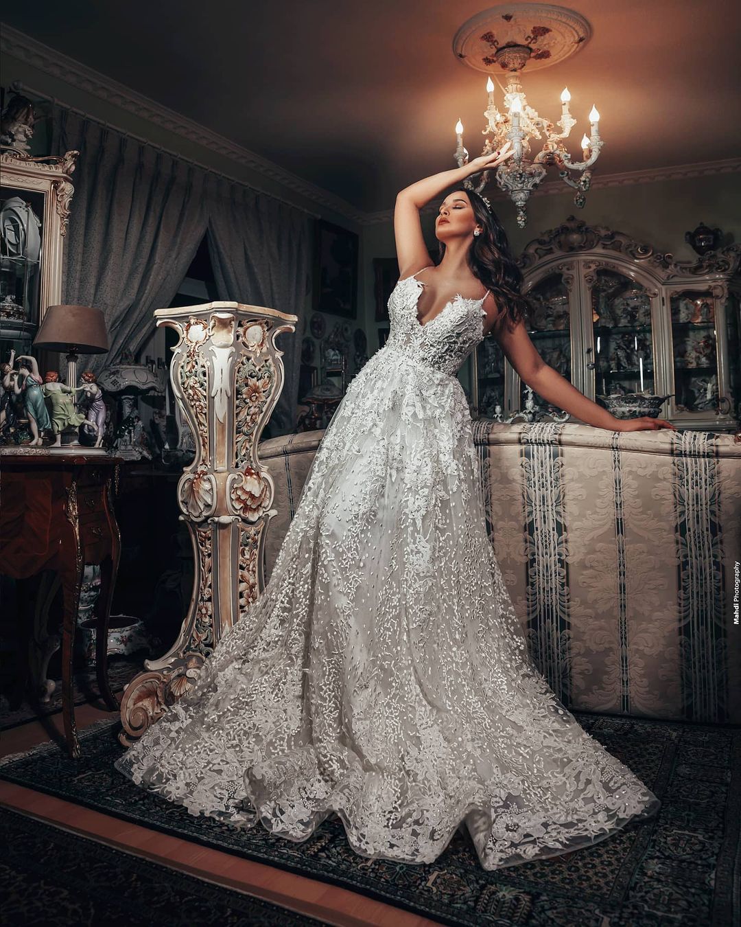 Gorgeous Long A-Line V-Neck Wedding Dress with 3D Floral Lace