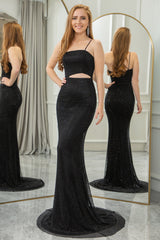 Glitter Black Mermaid Cut Out Long Prom Dress