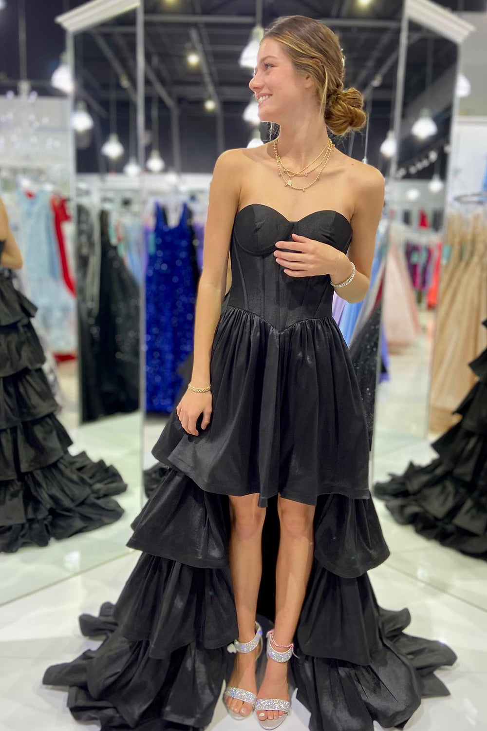 Simple Black A-Line Corset Sweetheart High Low Tiered Prom Dress