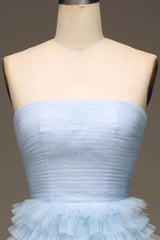 Light Blue A Line Long Tiered Prom Dress