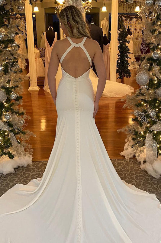 Elegant Mermaid Halter White Long Wedding Dress with Button Details