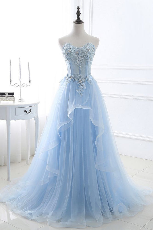 Ball Gown Sweetheart Tulle Sky Blue Prom Party Gowns With Sequins