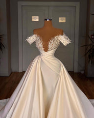 Ivory Wedding Dress A Line Off The Shoulder Beaded Bridal Dress with Panel Train