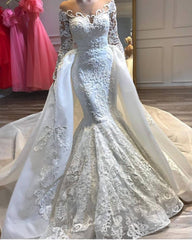 Bateau Neck Wedding Dress Long Sleeves Lace Appliques Mermaid Bridal Dress With Panel Train