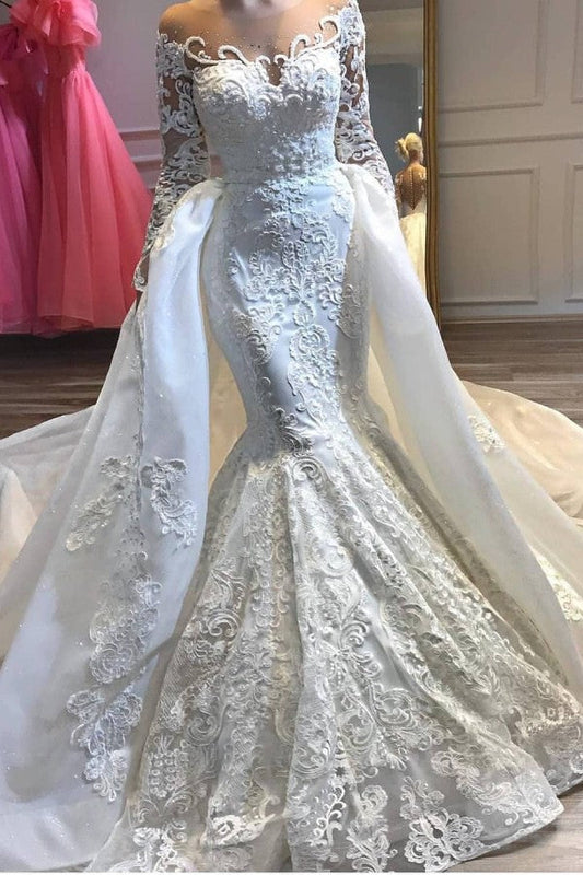 Bateau Neck Wedding Dress Long Sleeves Lace Appliques Mermaid Bridal Dress With Panel Train