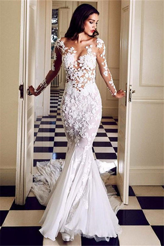 Ivory Long Sleeves Wedding Dress Mermaid Lace Appliques Bridal Dress