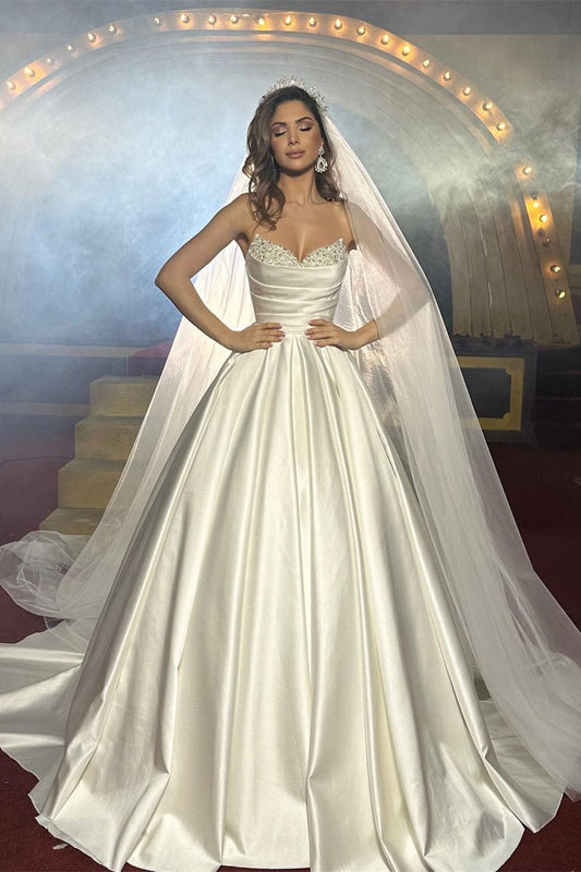 Ivory Satin Wedding Dress Ball Gown Beaded Sweetheart Bridal Dress