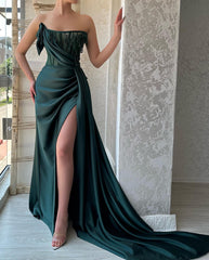 Charming Long Dark Green Sleeveless Beading Prom Dress Long Slit