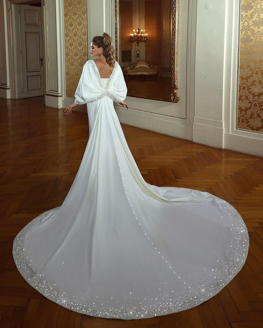 White Wedding Dress Mermaid Sweetheart Beaded Bridal Gown with Panel Train