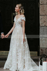 Charming Off The Shoulder Lace Bridal Gown White A Line Wedding Dress