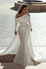 Ivory Wedding Dress Mermaid One Shoulder Long Sleeves Mermaid Bridal Dress with Panel Train