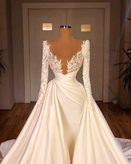 Ivory Wedding Dress A Line Long Sleeves Beaded Bridal Dress with Panel Train