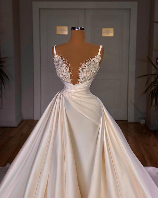 Ivory Wedding Dress A Line Spaghetti Straps Beaded Bridal Dress with Panel Train