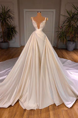 Ivory Wedding Dress A Line Spaghetti Straps Beaded Bridal Dress with Panel Train