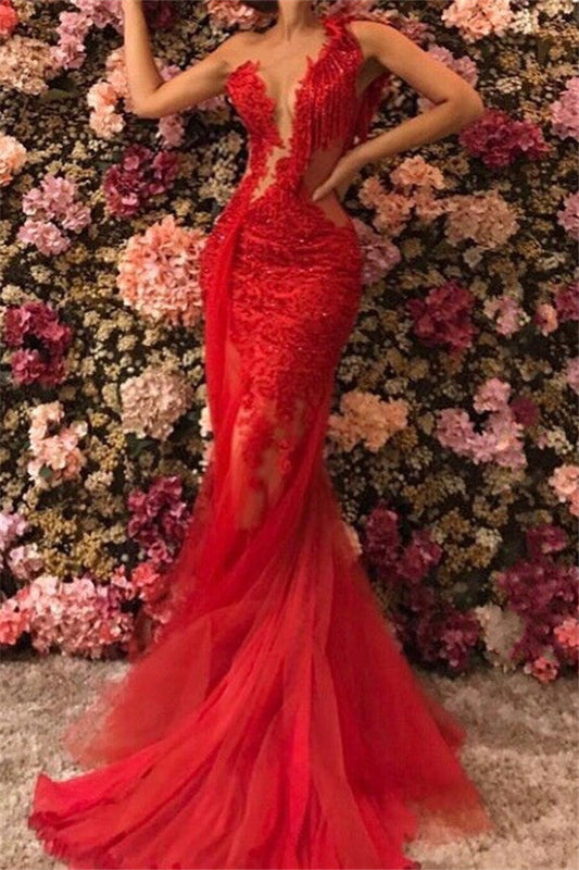 Chic One Shoulder Appliques Tulle Beading Mermaid Floor Length Prom Dress