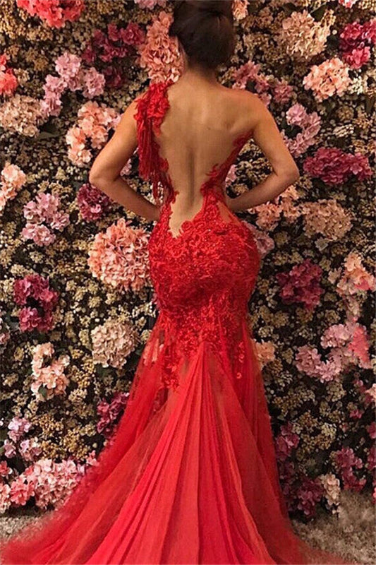 Chic One Shoulder Appliques Tulle Beading Mermaid Floor Length Prom Dress