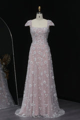 Pink Cap Sleeve Prom Dress Square Neck Beaded A Line Tulle Formal Gown