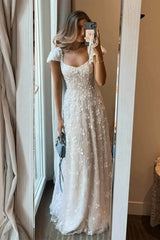 Pink Cap Sleeve Prom Dress Square Neck Beaded A Line Tulle Formal Gown