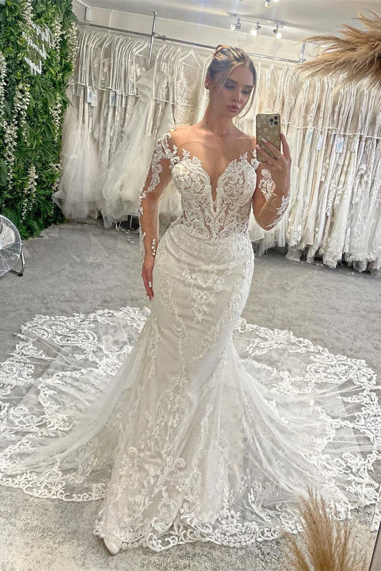 Chic Wedding Dress Long Sleeves Mermaid Lace Appliques Bridal Dress