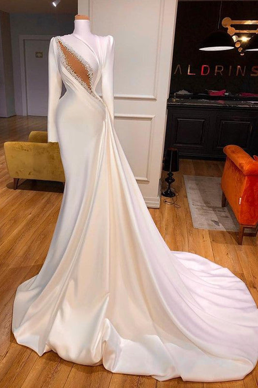 Classic High Neck Wedding Dress Long Sleeve Satin Mermaid Bridal Dress with Beadings