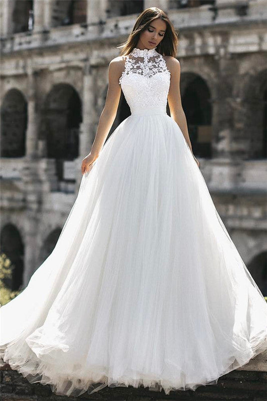 Classic High Neck Sleeveless Appliques A Line Floor Length Wedding Dress